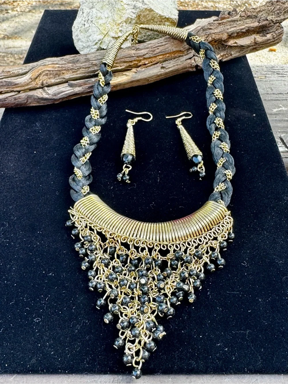 Gold tone and Black Braided Statement Necklace and Earrings Set